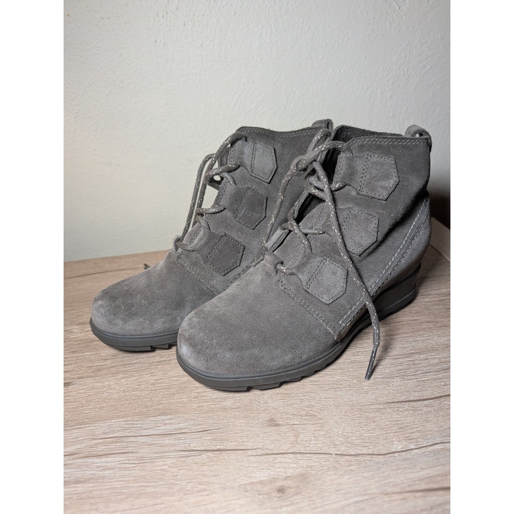 Sorel NL3322-245 Evie Grey Suede Leather Lace Up Wedge Ankle Boots Womens Sz 6.5